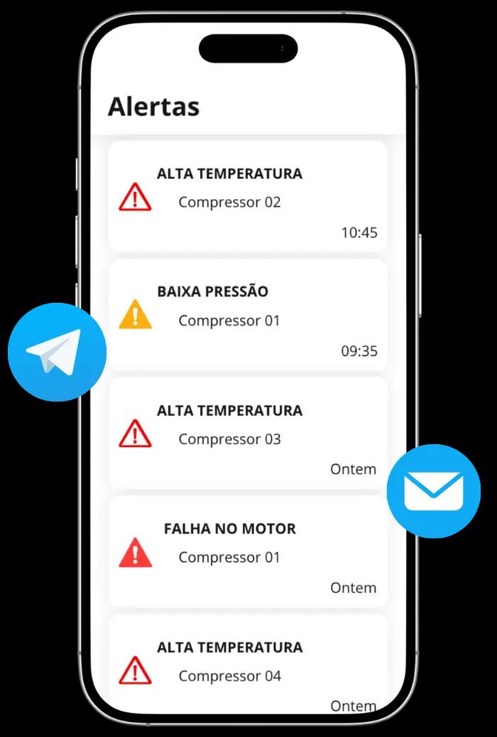 Lista de alertas do Techto Connect no celular, com notificações por Telegram e e-mail