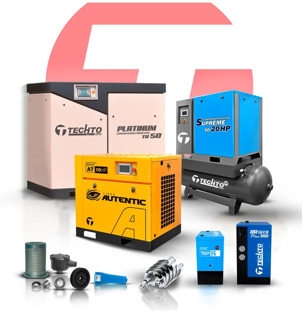 Linha de compressores parafuso, secadores e peças Techto